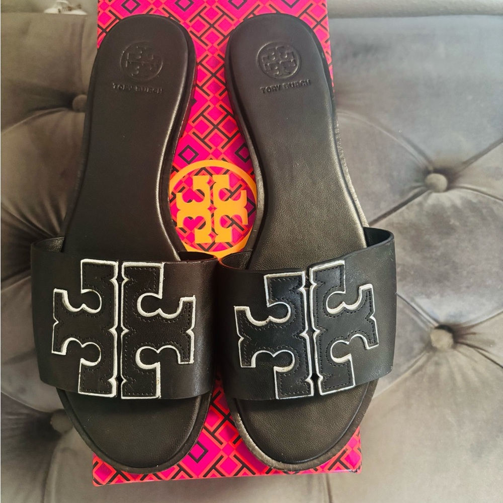 Tory Burch Black Leather Slide Sandals